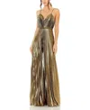 Mac Duggal Metallic Pleated V-neck Jumpsuit In Antique Gold-tone