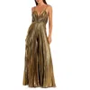Mac Duggal Metallic Pleated V-neck Jumpsuit In Gold