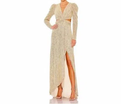 Mac Duggal Metallic Puff Sleeve Fronttwist Cut-out Gown In Gold In Neutral