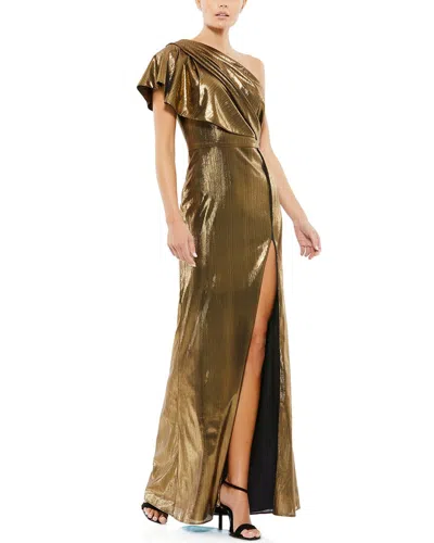 Mac Duggal Ruffled One Shoulder Metallic Evening Gown In Bronze