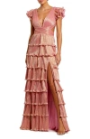 Mac Duggal Ruffle Tiered Criss Cross Lace Up Gown In Coral