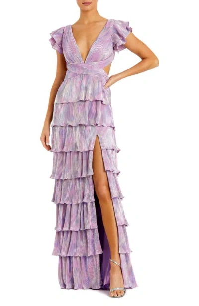 Mac Duggal Metallic Ruffle Tiered Criss Cross Open Back Lace Up Gown In Purple Multi