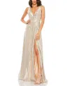 Mac Duggal Metallic Sequined Plunge Neck Gown In Nude Silver