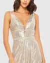 Mac Duggal Metallic Sequined Plunge Neck Gown In Nude Silver