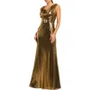 Mac Duggal Metallic Sleeveless Cowl Neck Gown With Belt In Gold