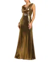 Mac Duggal Metallic Sleeveless Cowl Neck Gown With Belt In Green