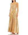 Mac Duggal Metallic Slim Strap Deep V Pleated Gown In Gold