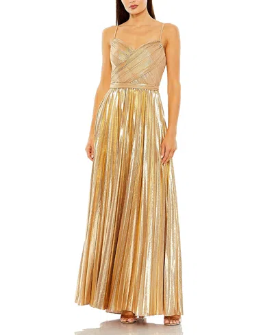 Mac Duggal Metallic Slim Strap Deep V Pleated Gown In Gold