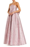 Mac Duggal Metallic Strapless Brocade Gown With Oversized Bow In Raspberry