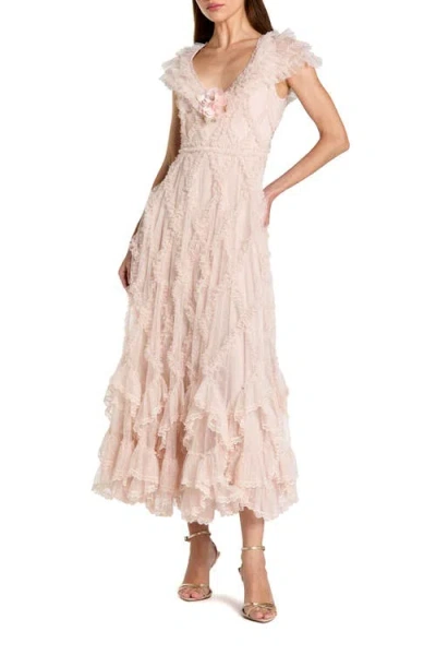 Mac Duggal Micro Ruffle Cap Sleeve A-line Midi Dress In Pink