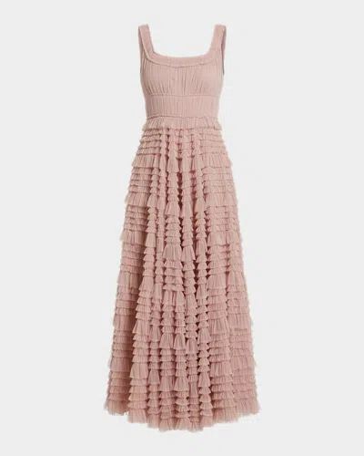 Mac Duggal Micro Ruffle Sleeveless Scoop Neck Tiered Maxi Dress In Pink