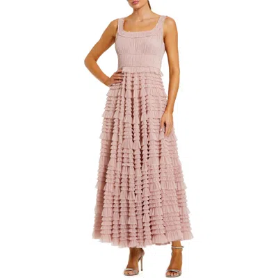 Mac Duggal Micro Ruffle Sleeveless Scoop Neck Tiered Maxi Dress In Pink