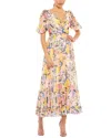 Mac Duggal Floral Print Chiffon Puff Sleeve Tiered Hem Dress