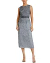 Mac Duggal Sleeveless High Neck Beaded Midi Sheath Dress In Platinum In Multi