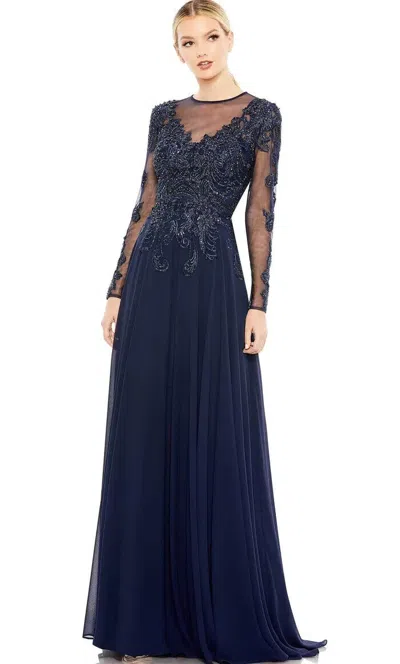 Pre-owned Mac Duggal Midnight Blue Beaded Illusion Lace Long Sleeve A-line Gown Sz 8 $698