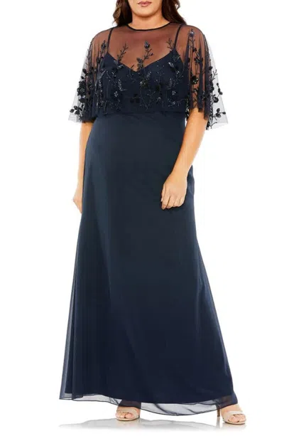 Pre-owned Mac Duggal Midnight Blue Beaded Mesh Overlay Gown Size 20w $498