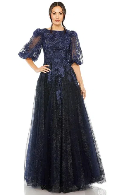 Pre-owned Mac Duggal Midnight Blue Embellished Embroidered Puff Sleeve Gown Size 6 $798