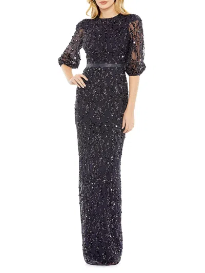 Pre-owned Mac Duggal Midnight Blue Sequin Sheer Sleeve Sheath Gown 18 $598