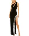 Mac Duggal One Shoulder Cut Out Mirror Sequin High Slit Gown In Black