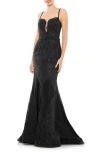 Mac Duggal Embroidered Plunge Neck Trumpet Gown In Black