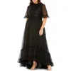 Mac Duggal High Neck Flutter Sleeve Ruffle Tiered High Low Plus Size Gown In Black