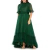 Mac Duggal High Neck Flutter Sleeve Ruffle Tiered High Low Plus Size Gown In Emerald