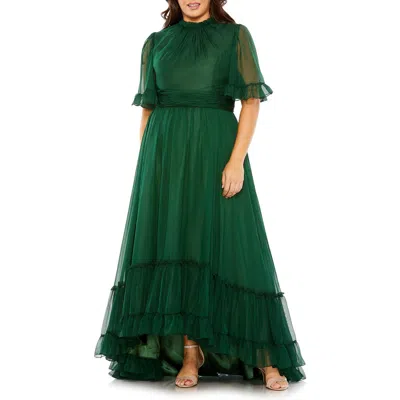 Mac Duggal High Neck Flutter Sleeve Ruffle Tiered High Low Plus Size Gown In Emerald