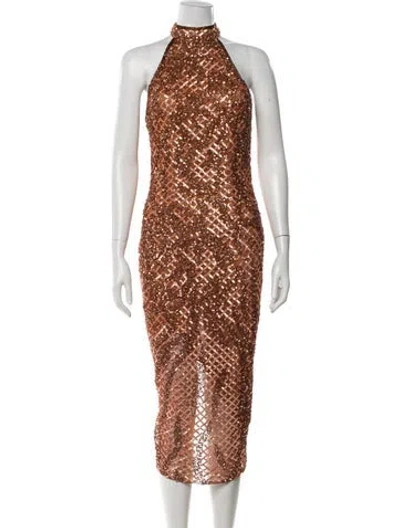 Pre-owned Mac Duggal Mock Neck Midi Length Dress In Brown