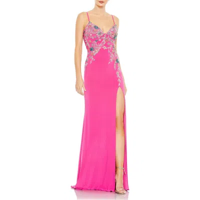 Mac Duggal Multi Color Beaded Floral Cami Gown In Candy Pink