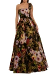 Mac Duggal Multicolor One Shoulder Embossed Organza 3d Flower Gown In Blue