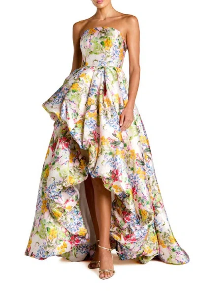 Mac Duggal Floral Mikado Strapless High-low Bubble Hem Gown In Multi