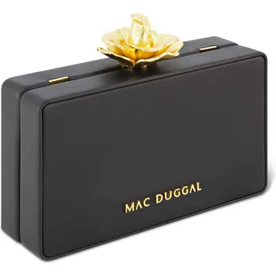 Mac Duggal Nappa Leather Gold Rose Detail Box Clutch Bag In Black