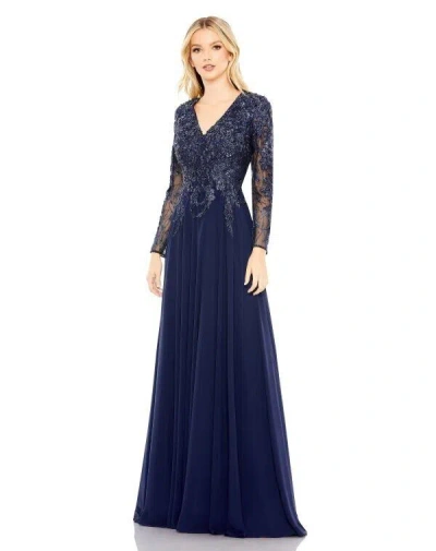 Pre-owned Mac Duggal Navy Blue Beaded Sequin Embroidered Long Sleeve A-line Gown Sz 8 $698