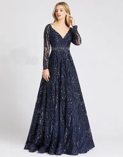 Pre-owned Mac Duggal Navy Blue Damask Sequin Beaded Waist Long Sleeve Ballgown Size 6 $598
