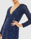 Mac Duggal Navy Embellished Front Slit Long Sleeve Gown In Midnight