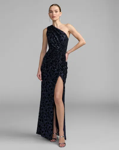 Mac Duggal Navy Floral One Shoulder Sequin Gown With Slit In Midnight
