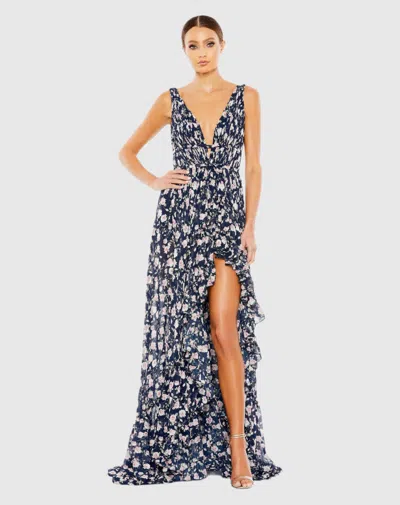 Mac Duggal Navy Multicolor Floral Print Sleeveless Ruffled High-low Gown