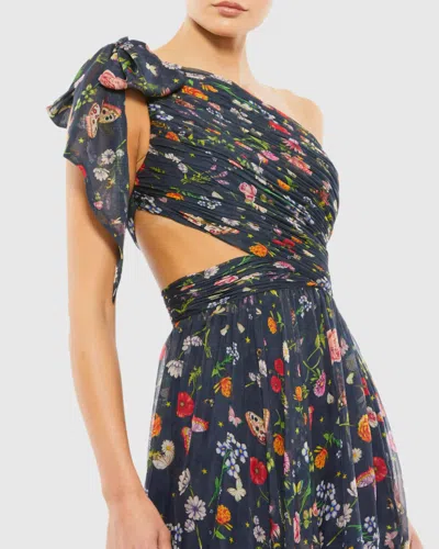 Mac Duggal Navy Tied One Shoulder Cut-out Flowy Gown In Multi