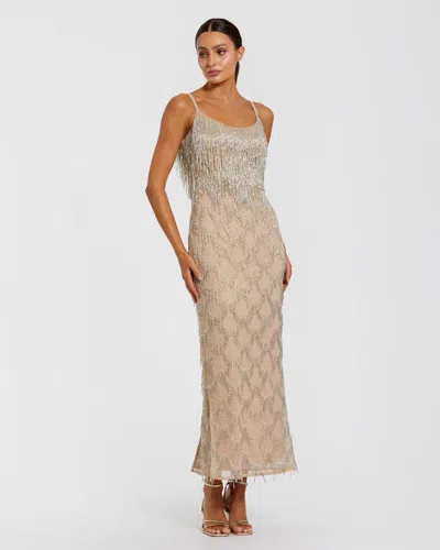 Mac Duggal Nude Beaded Fringe Column Maxi Dress In Nude Silver