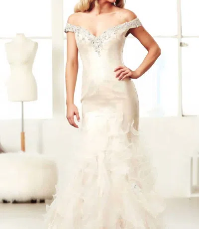 Mac Duggal Off-the-shoulder Ball Gown With Sequins And Chiffon Ruffles In Ivory/nude In Multi