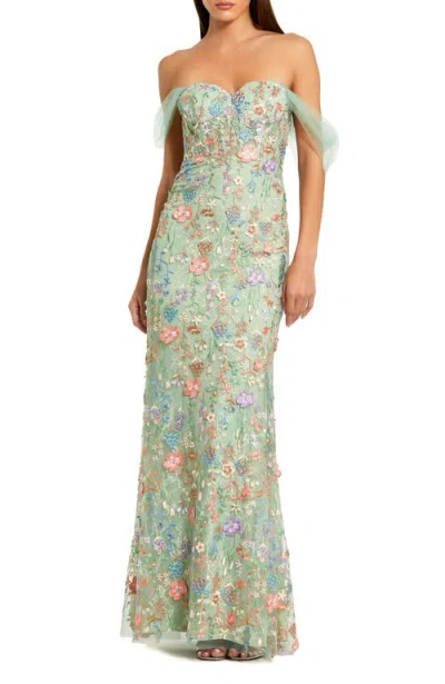 Mac Duggal Off The Shoulder Bustier Emboridered Net Gown