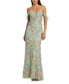 Mac Duggal Off The Shoulder Bustier Emboridered Net Gown In Sage Multi