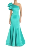 Mac Duggal Off The Shoulder Bustier Satin Mermaid Gown In Teal