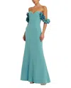 Mac Duggal Off-the-shoulder Crepe Gown With 3d Floral Applique In Blue