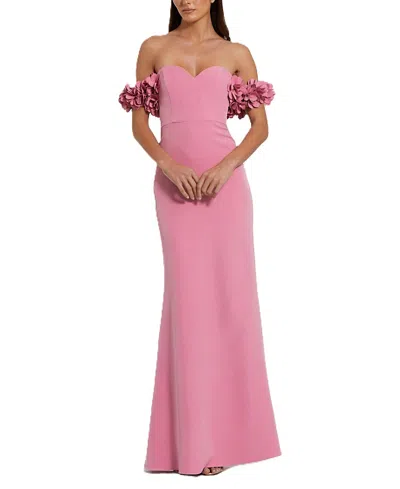 MAC DUGGAL OFF-THE-SHOULDER CREPE GOWN WITH 3D FLORAL APPLIQUE
