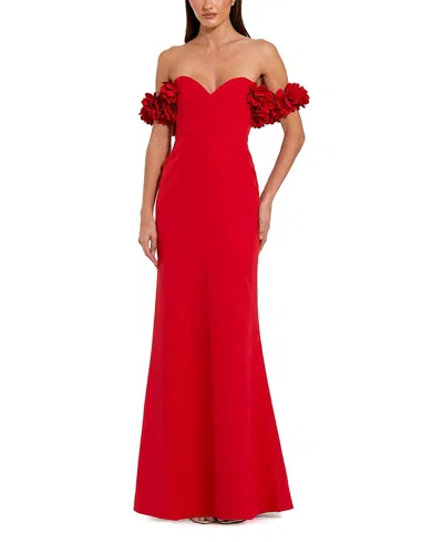 MAC DUGGAL OFF-THE-SHOULDER CREPE GOWN WITH 3D FLORAL APPLIQUE