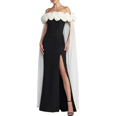 Mac Duggal Off The Shoulder Crepe Gown With Chiffon Cape In Black