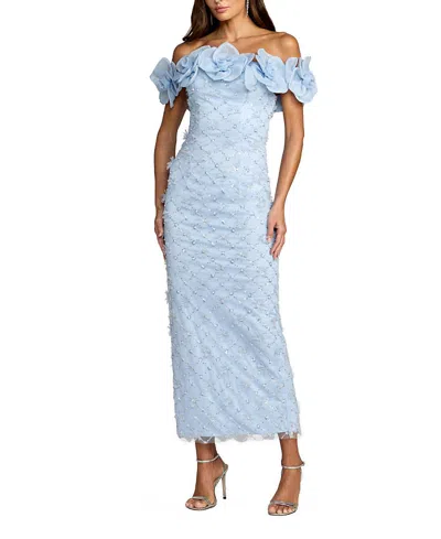 Mac Duggal Off The Shoulder Embellished Dress With 3d Flower Detail In Blue