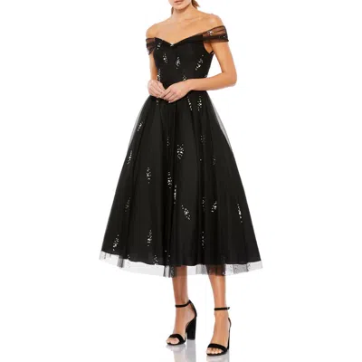 Mac Duggal Off The Shoulder Embellished Tulle Cocktail Dress In Black