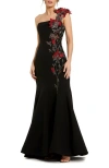 Mac Duggal One Shoulder 3d Floral Embroidery Mermaid Gown In Blue